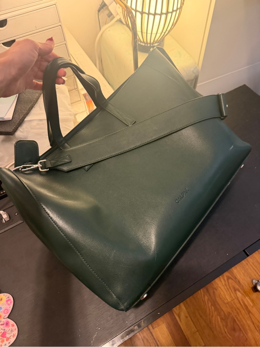 Calpak Dark Green Leather Laptop Tote with Removable Strap